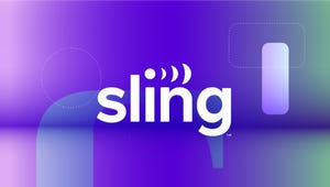 The Sling Television logo against a purple gradient CNET background.